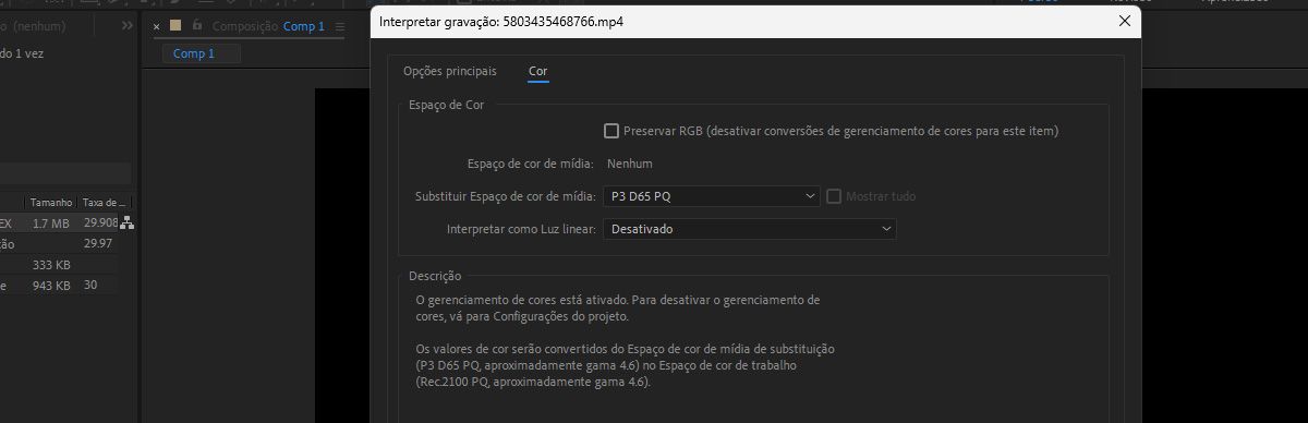 A caixa de diálogo Interpretar gravação aberta com a opção Substituir espaço de cor de mídia definida como P3 D65 PQ.