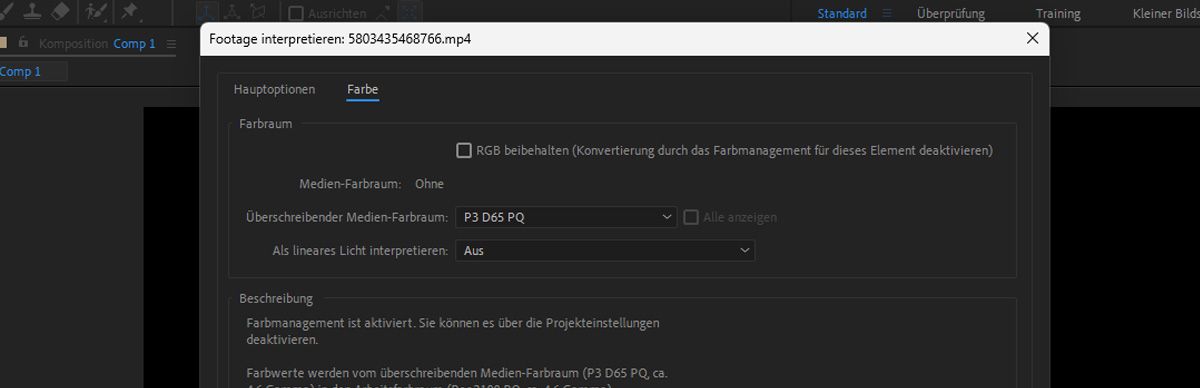 Das Dialogfeld „Footage interpretieren“ ist geöffnet und der überschreibende Medien-Farbraum ist auf „P3 D65 PQ“ eingestellt.