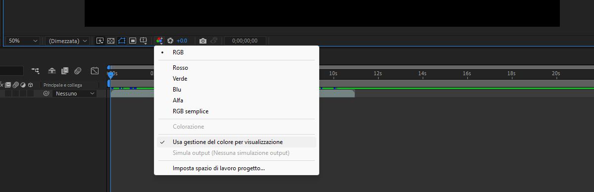 Le impostazioni Mostra canale e gestione colore sono aperte e l’opzione Usa gestione del colore per visualizzazione è selezionata.