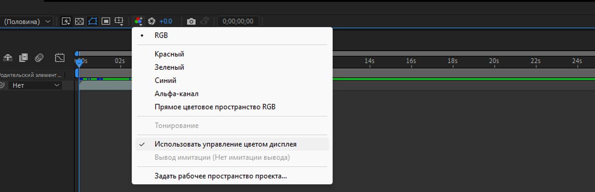 Открыт параметр «Показать настройки каналов и управления цветом» и установлен флажок «Использовать управление цветом дисплея».