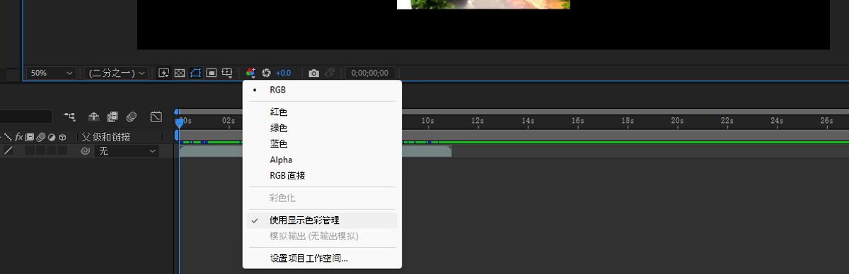 “显示通道和色彩管理设置”已打开，选中了“启用使用显示色彩管理”。
