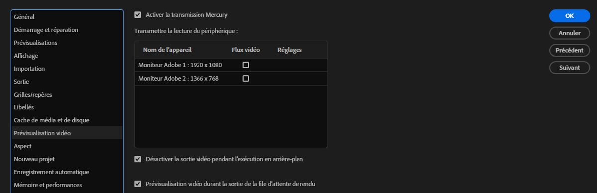 La case Activer Mercury Transmit est cochée et l’appareil pour visualiser les compositions sur un affichage externe est sélectionné.