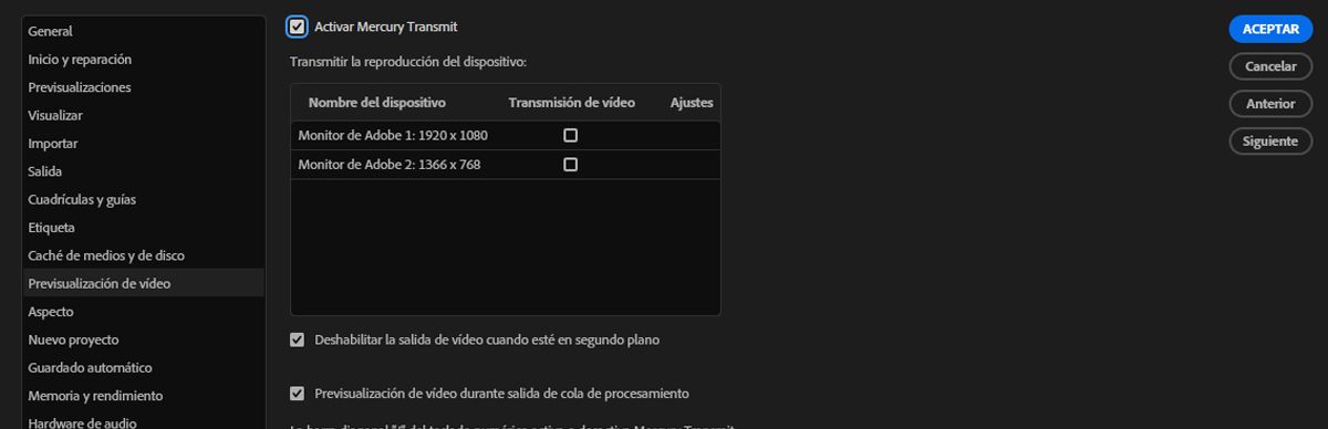 La opción Habilitar Mercury Transmit está activada y el dispositivo seleccionado para ver las composiciones en una pantalla externa.