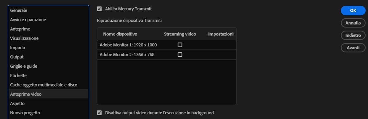 L’opzione Abilita Mercury Transmit è selezionata ed è stato impostato il dispositivo per visualizzare le composizioni su un display esterno.