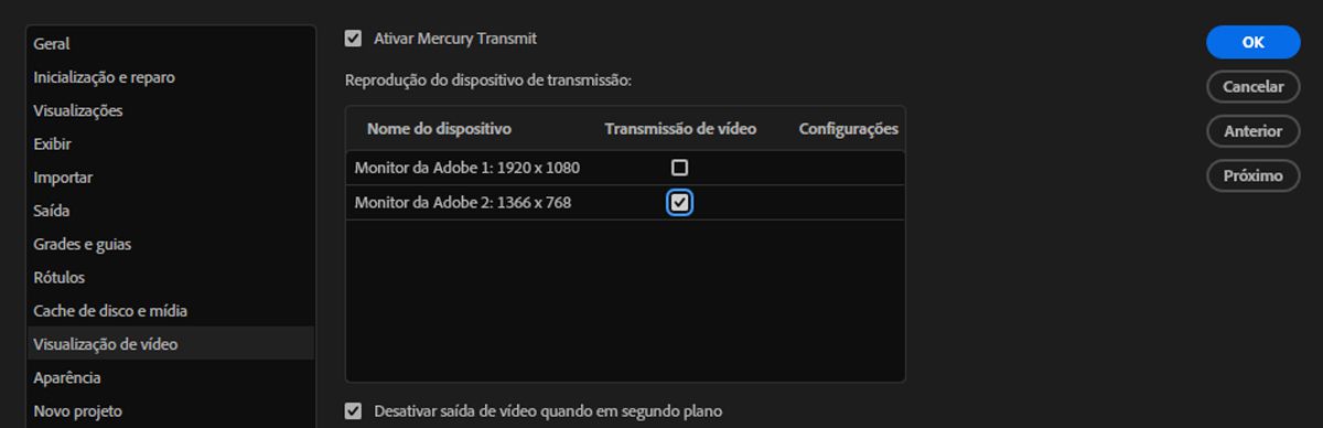 A opção Habilitar Mercury Transmit marcada e o dispositivo selecionado para exibir composições em um monitor externo.