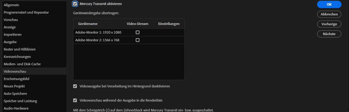 Die Option „Mercury Transmit aktivieren“ ist aktiviert und das Gerät zur externen Anzeige von Kompositionen ist ausgewählt.