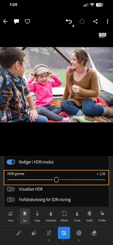 HDR-grense-glidebryteren er uthevet i Lys-panelet der bilder av barn vises i lupevisning.