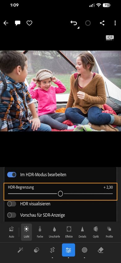 Der Regler „HDR-Limit“ ist im Bedienfeld „Licht&quot; hervorgehoben, wo Kinderbilder in der Lupenansicht zu sehen sind.
