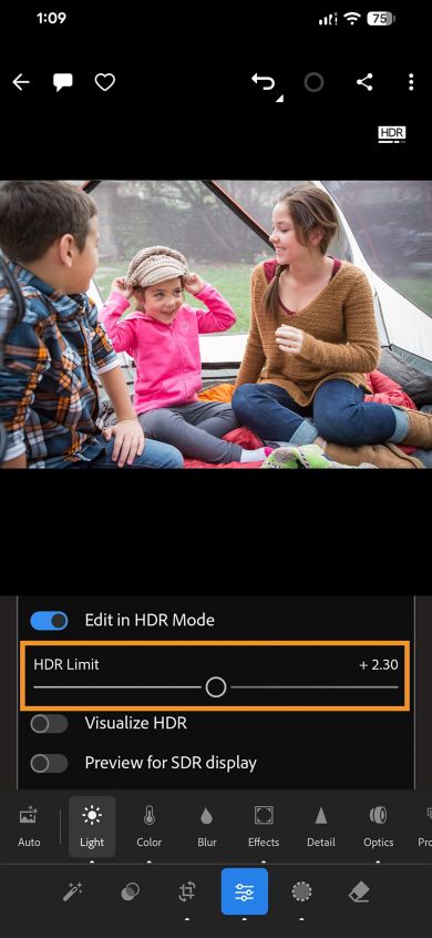HDR limit slider is highlighted in Light panel where images of kids is in loupe view.