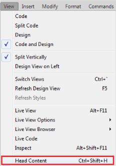 View > الخيار Head Content - قبل Dreamweaver CC