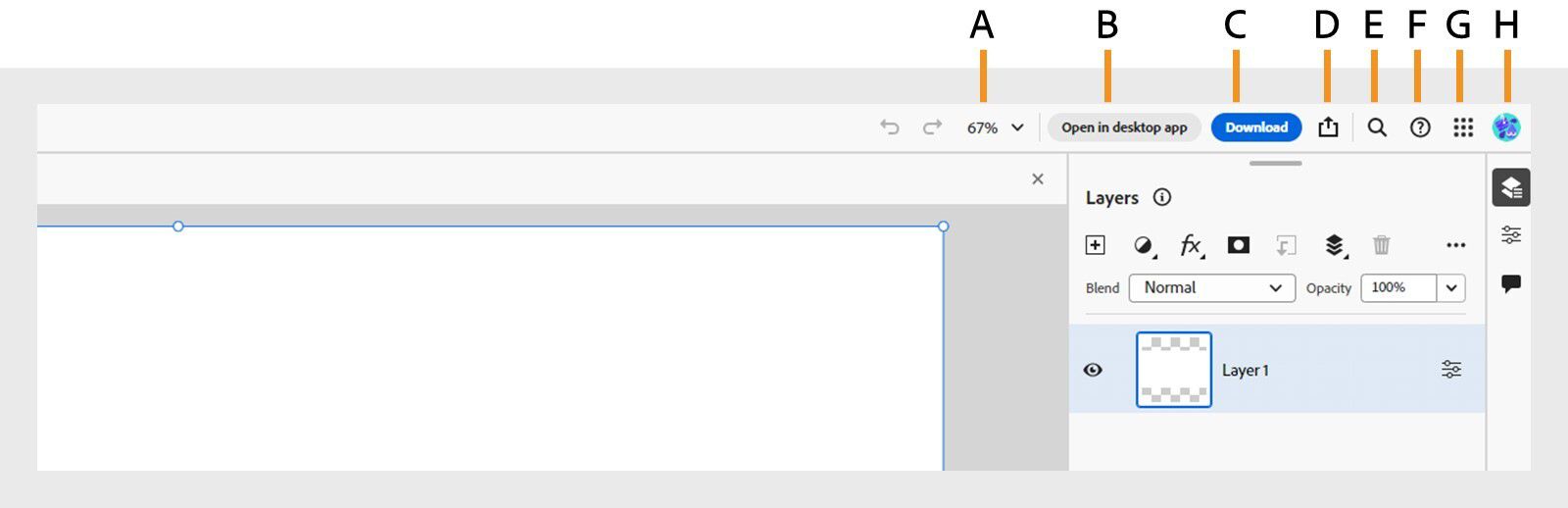 แถบส่วนหัวมีสัญลักษณ์สำหรับ ระดับการซูม เปิดในแอปเดสก์ท็อป ดาวน์โหลด แชร์ ค้นหา วิธีใช้ ตัวสลับแอป และตัวเลือกบัญชี Adobe