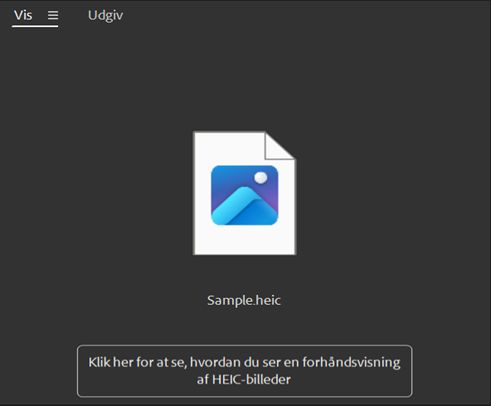 Klik her for at se, hvordan du får vist meddelelsen om forhåndsvisning af HEIC-billeder på skærmen i Adobe Bridge. 