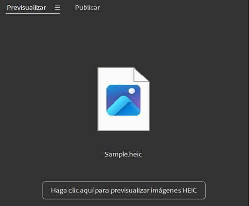 Aparece el mensaje Haga clic aquí para aprender a previsualizar imágenes HEIC en la pantalla de Adobe Bridge. 