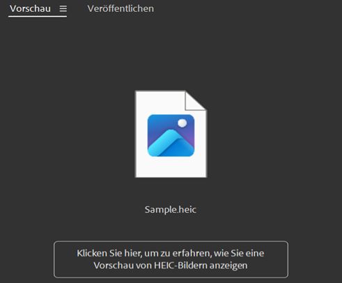 Auf dem Bildschirm in Adobe Bridge wird die Nachricht „Klicke hier, um zu erfahren, wie du eine Vorschau von HEIC-Bildern anzeigst“ angezeigt. 