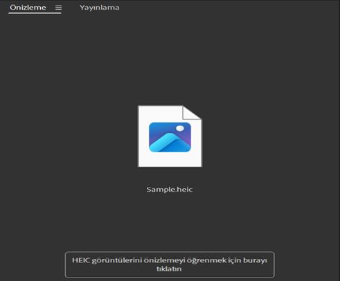 HEIC görüntülerinin nasıl önizleneceğini öğrenmek için burayı tıklatın mesajı Adobe Bridge'de ekranda görüntülenir. 