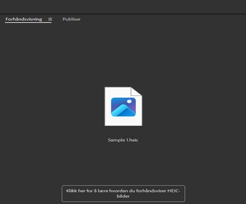 Meldingen «Klikk her for å lære hvordan du forhåndsviser HEIC-bilder» vises på skjermen i Adobe Bridge. 