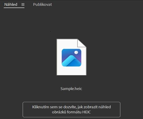 Zpráva „Kliknutím sem se dozvíte, jak si zobrazit náhled obrázků HEIC“ se zobrazuje na obrazovce v aplikaci Adobe Bridge. 