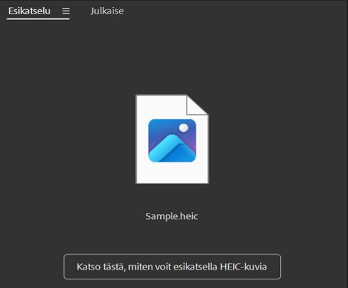 Adobe Bridgessä tulee näkyviin Katso tästä, miten voit esikatsella HEIC-kuvia -viesti. 