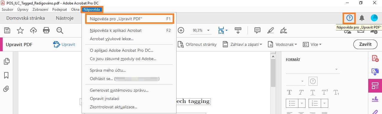 Kliknutím na nápovědu zobrazíte kontextovou nápovědu