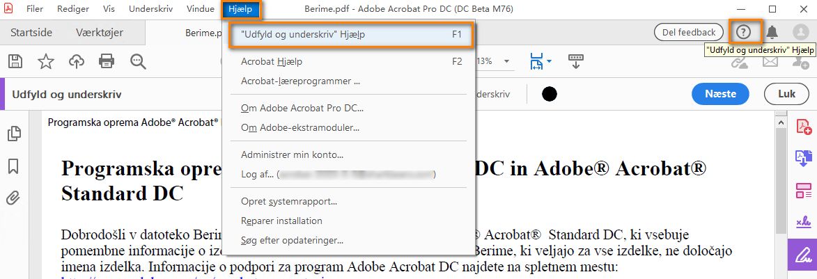 Klik på hjælp for at se den kontekstuel hjælp