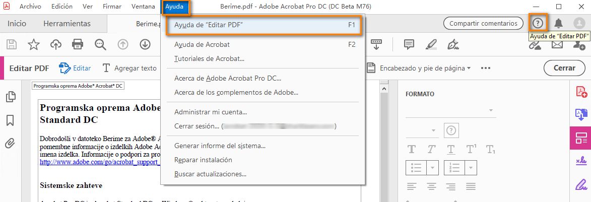 Haga clic en ayuda para ver la ayuda contextual