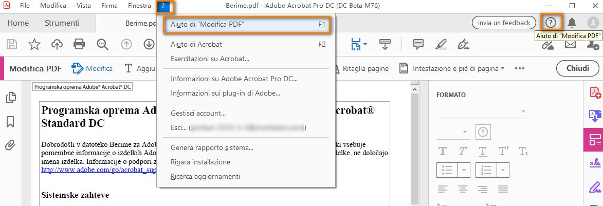 Fai clic su Aiuto per visualizzare la guida contestuale