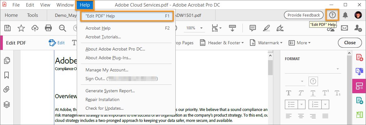 도움말을 클릭하여 상황에 맞는 도움말 표시