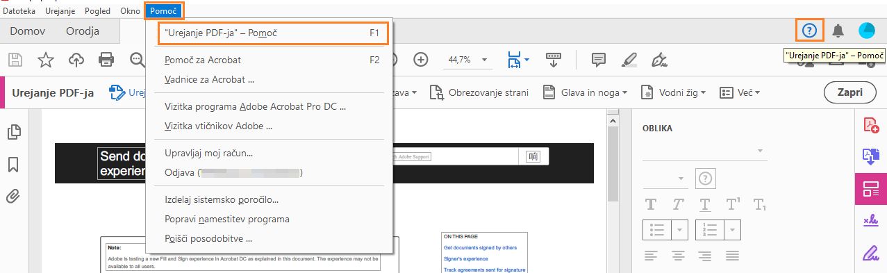 Kliknite pomoč, če si želite ogledati kontekstno pomoč