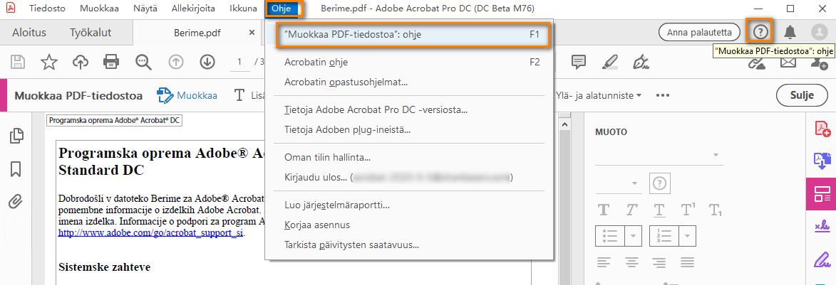Valitse Ohje, jos haluat avata tilannekohtaisen ohjeen