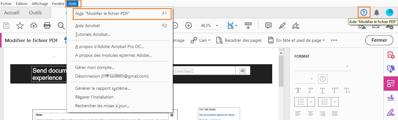 Clic sur l’aide pour afficher l’aide contextuelle