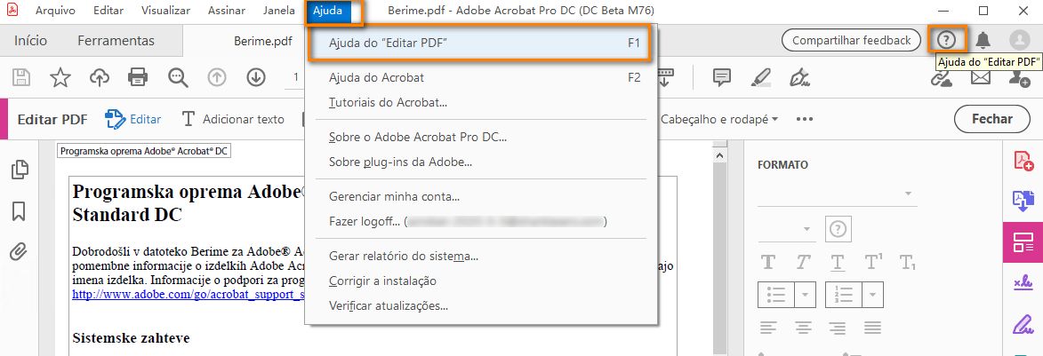 Clique em ajudar para ver a ajuda contextual