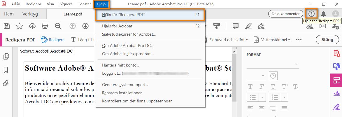 Klicka på hjälpen för att se sammanhangsberoende hjälp
