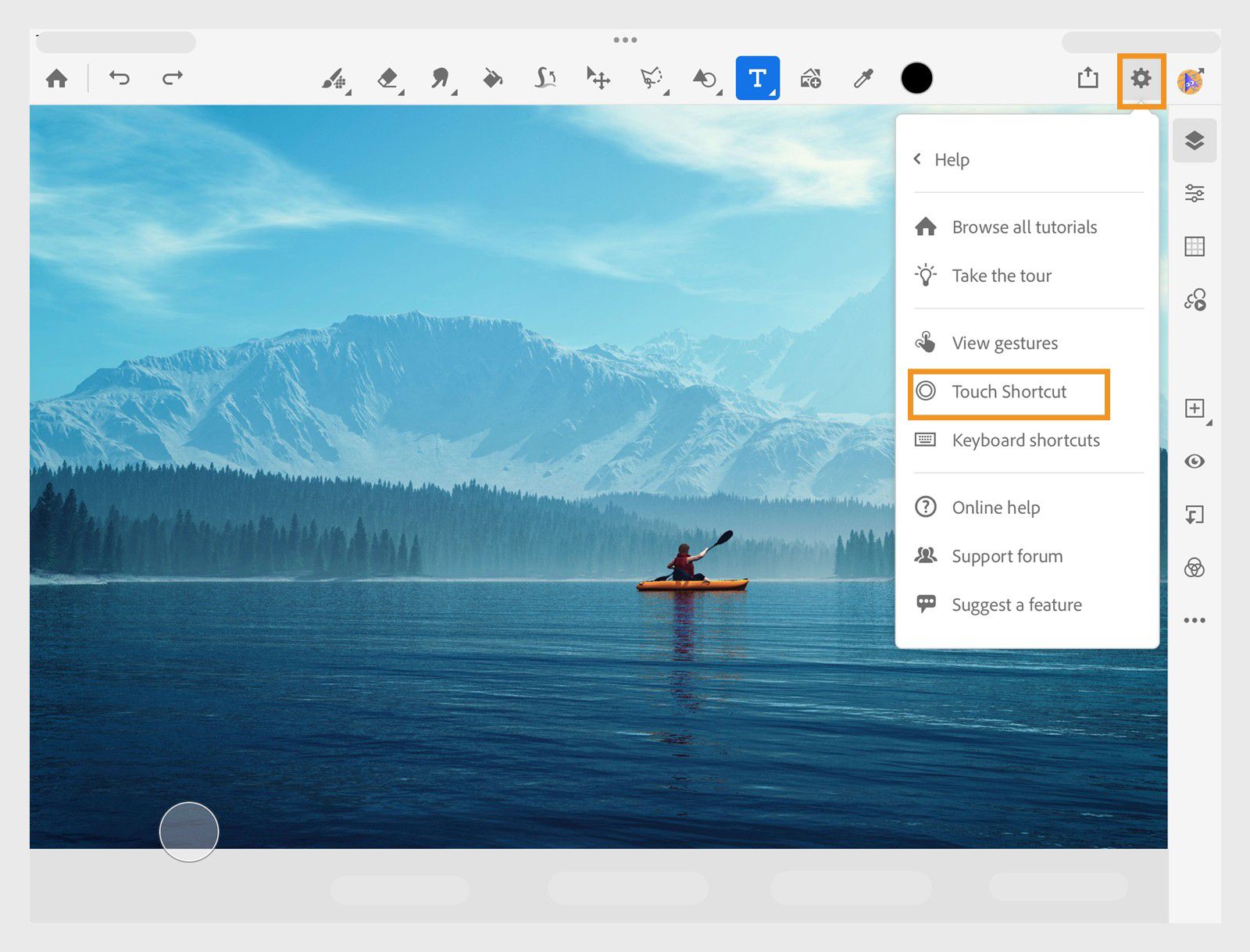 Help menu open from the toolbar showing options like tutorials, gestures, Touch Shortcut, keyboard shortcuts, and support.