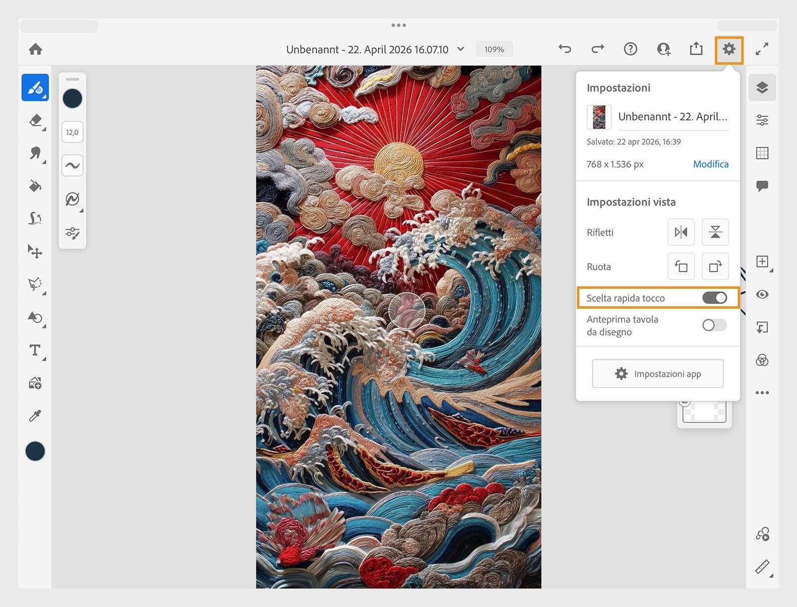 Menu Aiuto aperto dalla barra degli strumenti che mostra opzioni come tutorial, gesti, scelta rapida Tocco, scelte rapide da tastiera e supporto.