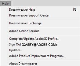 القائمة Help في Dreamweaver CC