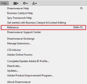 Help > الخيار Reference - قبل Dreamweaver CC