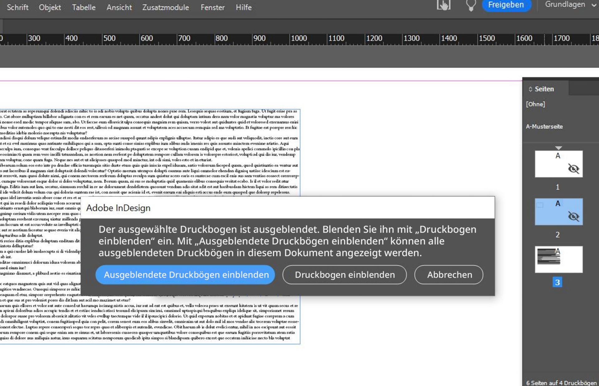 Warnmeldung „Druckbogen ausblenden“