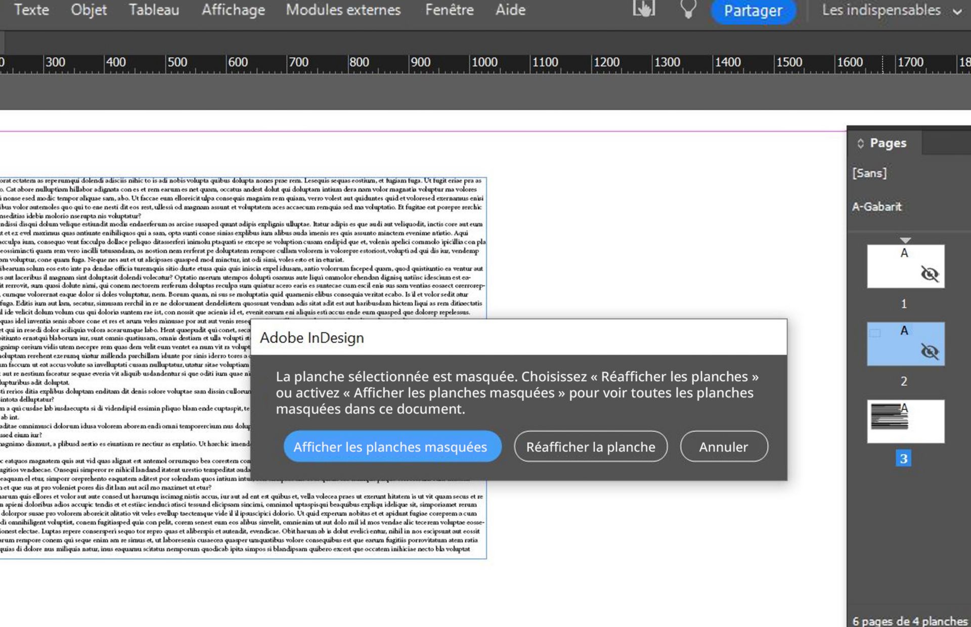Masquer le message d’alerte de planche