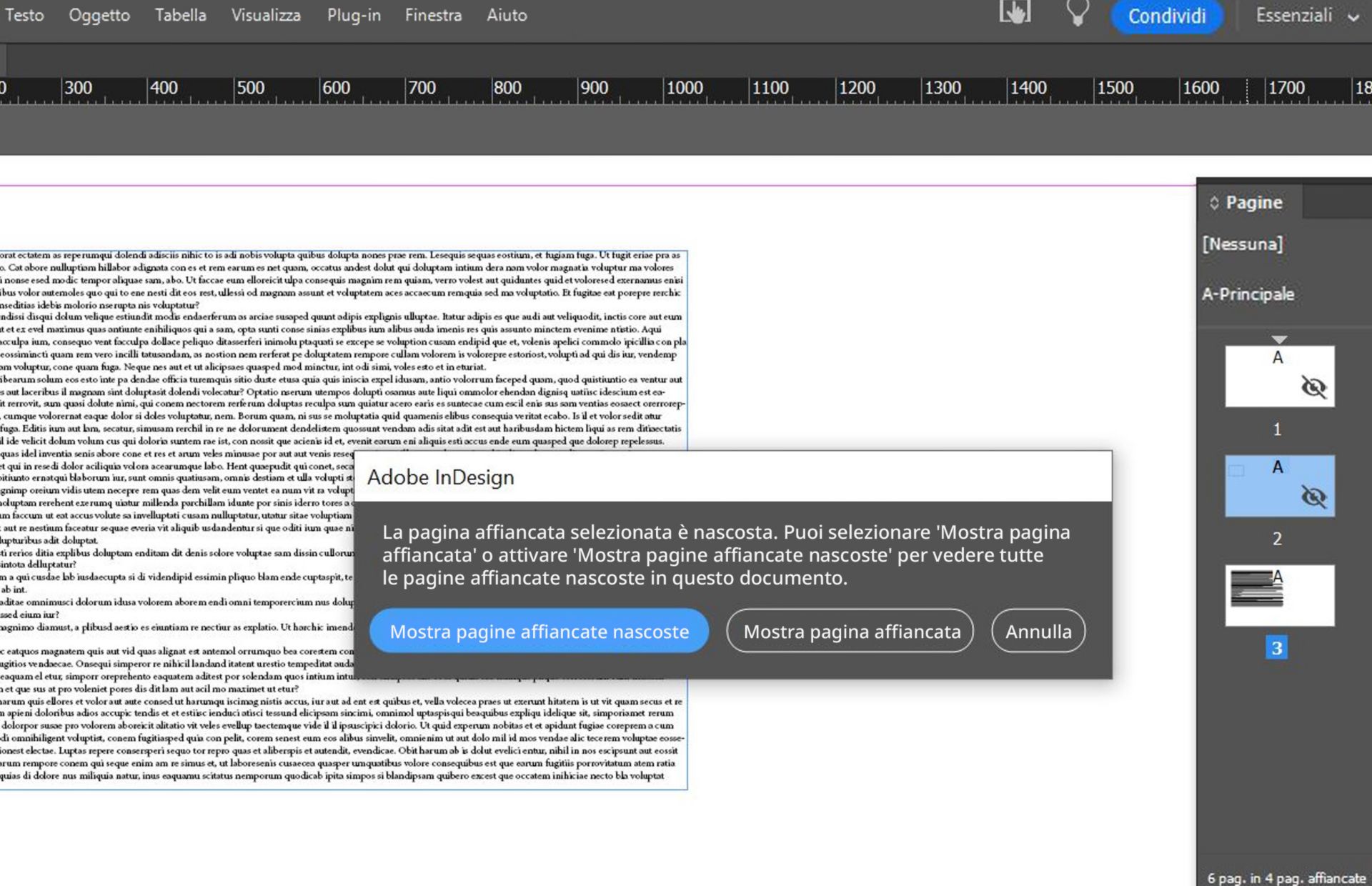 Messaggio di avviso Nascondi pagina affiancata
