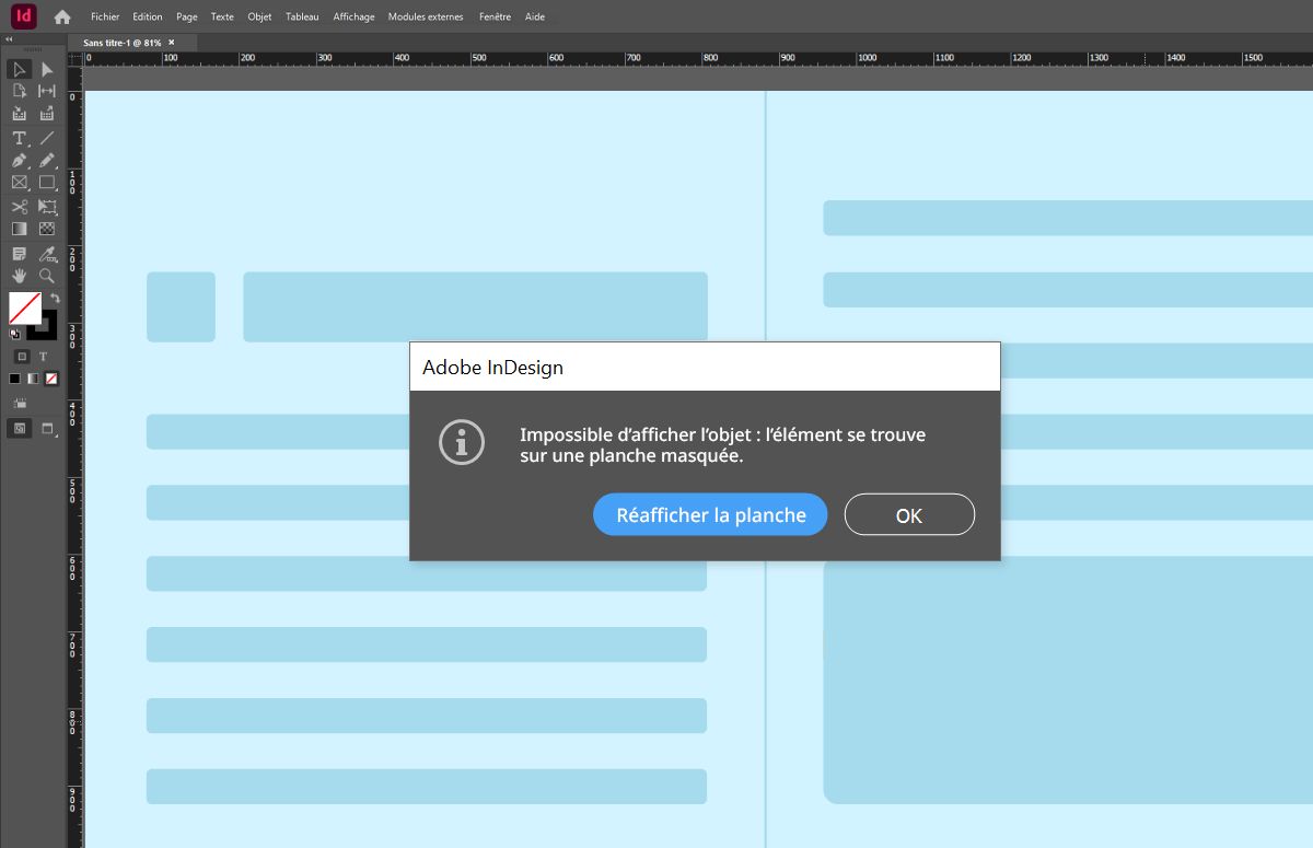 Une alerte s’affiche si vous essayez de sélectionner un objet sur une planche masquée