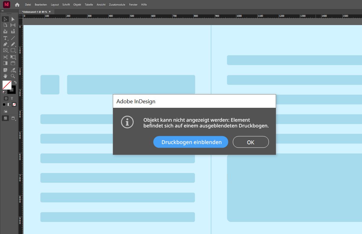 Eine Warnmeldung wird angezeigt, wenn du versuchst ein Objekt auf einem ausgeblendeten Druckbogen auszuwählen