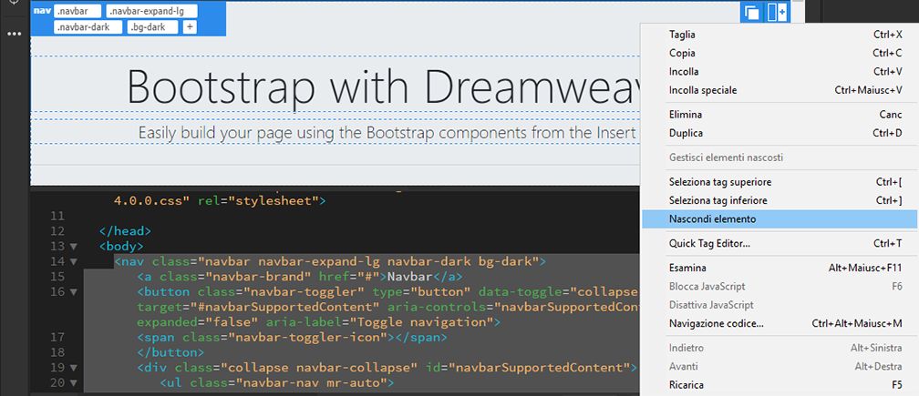 Nascondere gli elementi di Bootstrap in Dreamweaver
