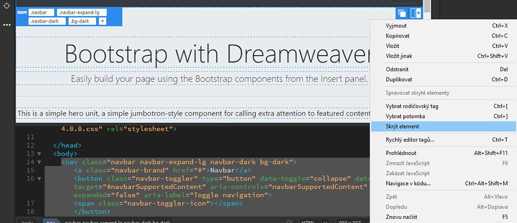 Skrytí prvků Bootstrap v aplikaci Dreamweaver