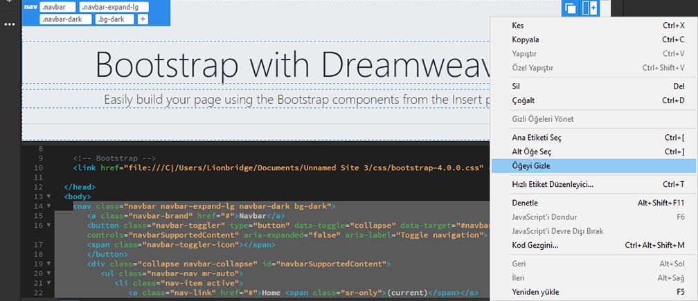 Dreamweaver'da Bootstrap öğelerini gizleme