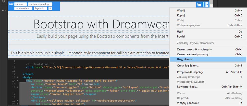 Ukrywanie elementów Bootstrap w programie Dreamweaver