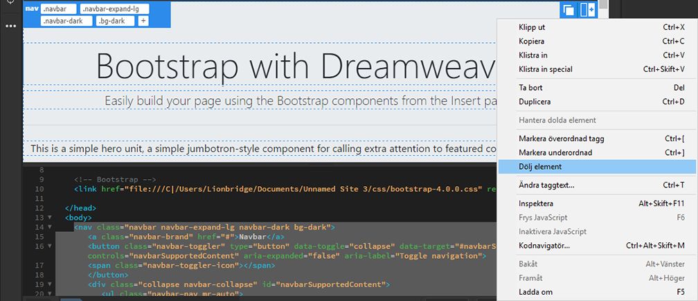Dölja Bootstrap-element i Dreamweaver