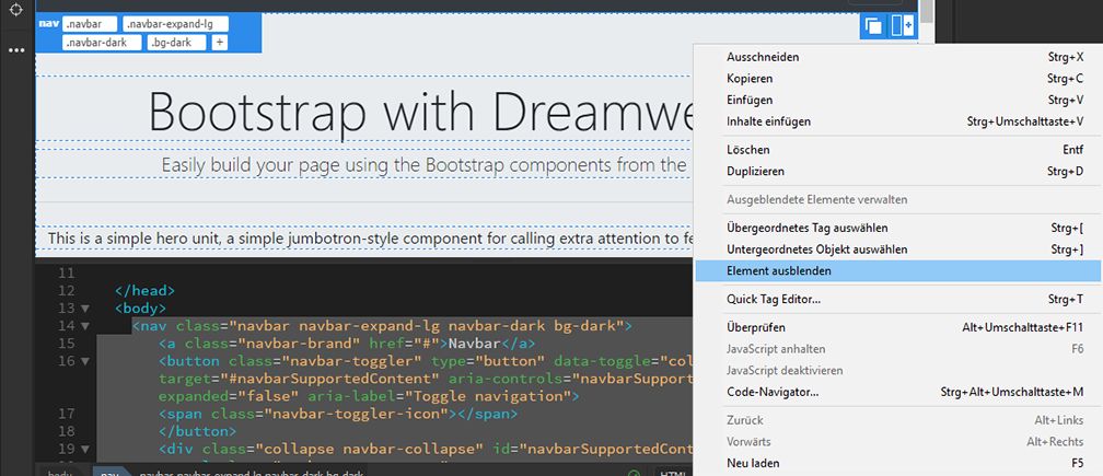 Bootstrap-Elemente in Dreamweaver ausblenden