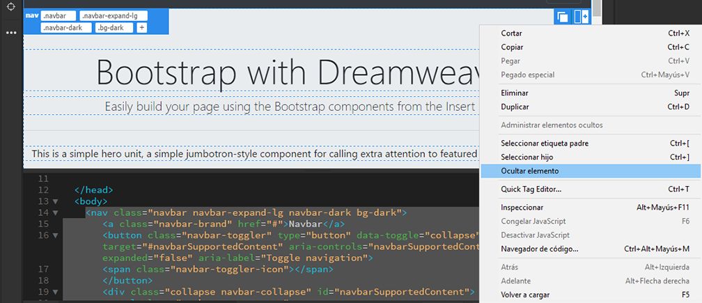 Ocultar elementos de Bootstrap en Dreamweaver