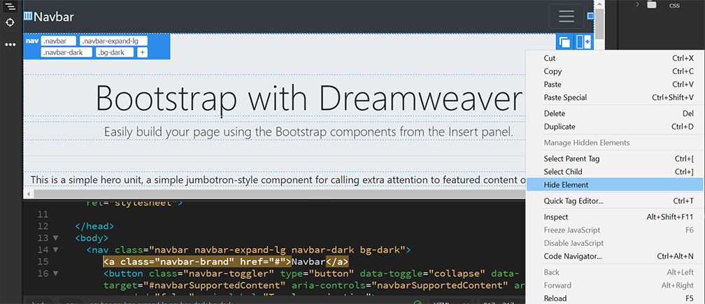 إخفاء عناصر Bootstrap في Dreamweaver