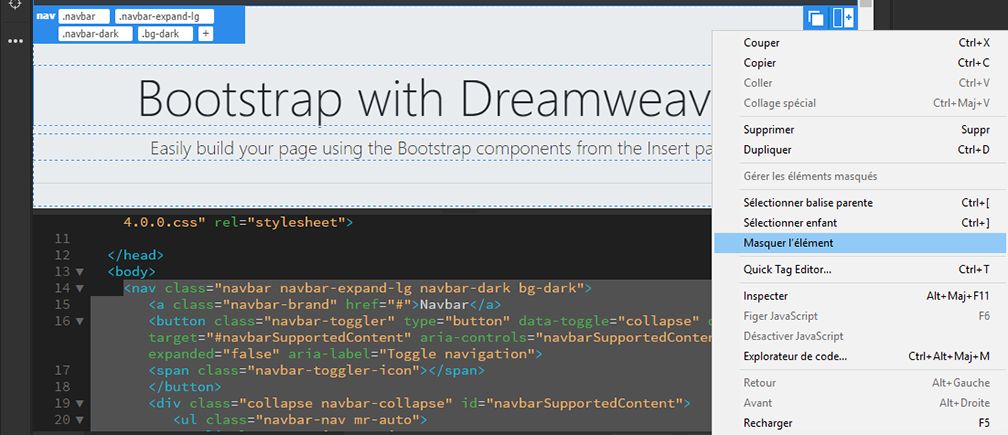 Masquage d’éléments Bootstrap dans Dreamweaver